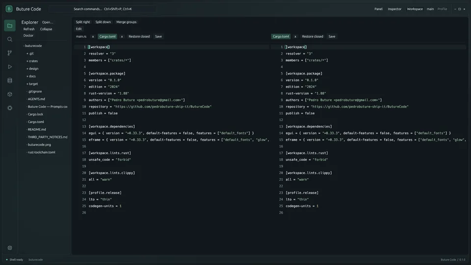 Editor nativo B&M CODE com painéis divididos
