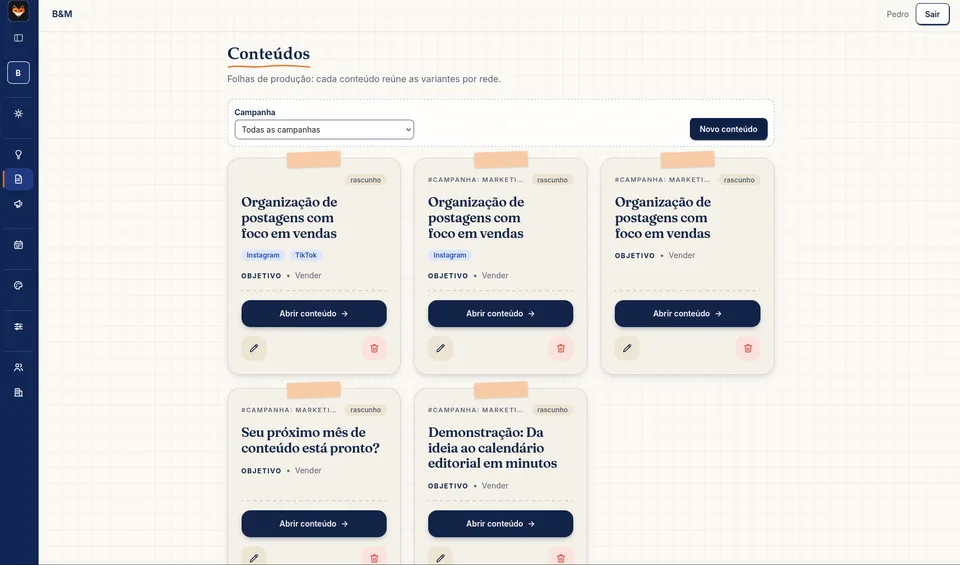Tela de conteúdos do B&M Marketing com cards organizados por campanha e status