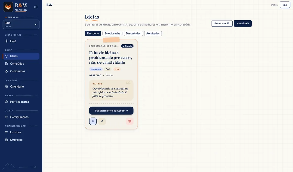 Mural de ideias para planejar e transformar temas em conteúdo.