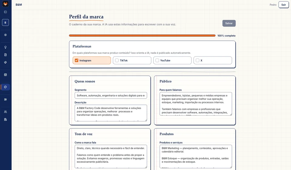 Perfil da marca com público, tom de voz e plataformas.