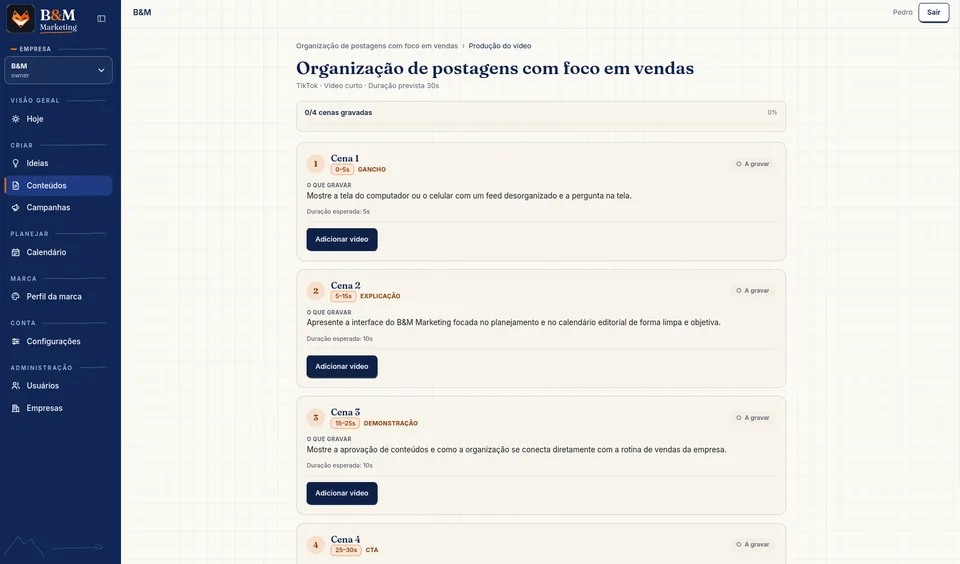 Produção de vídeo com roteiro por cena e acompanhamento das gravações.