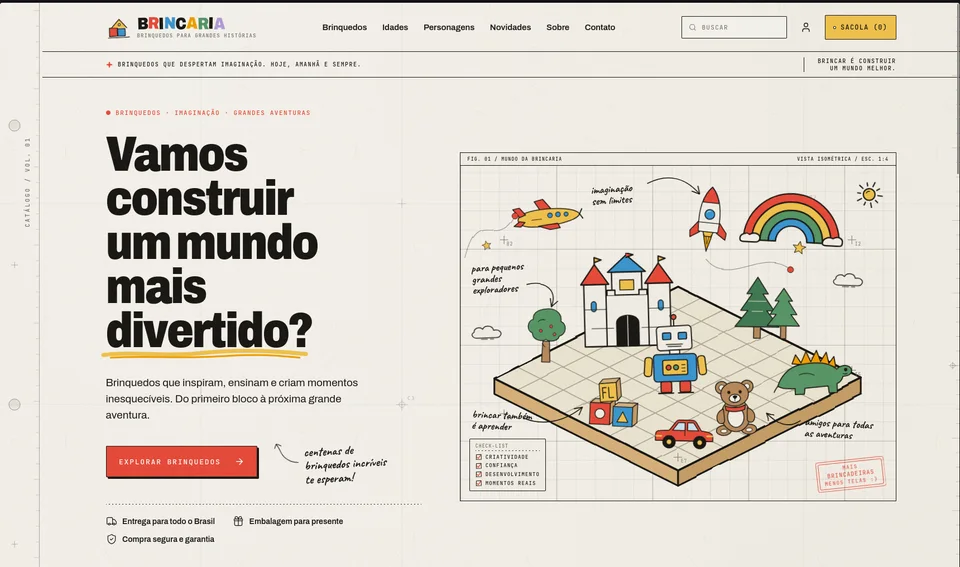 Site Brincaria com brinquedos ilustrados em uma composição colorida