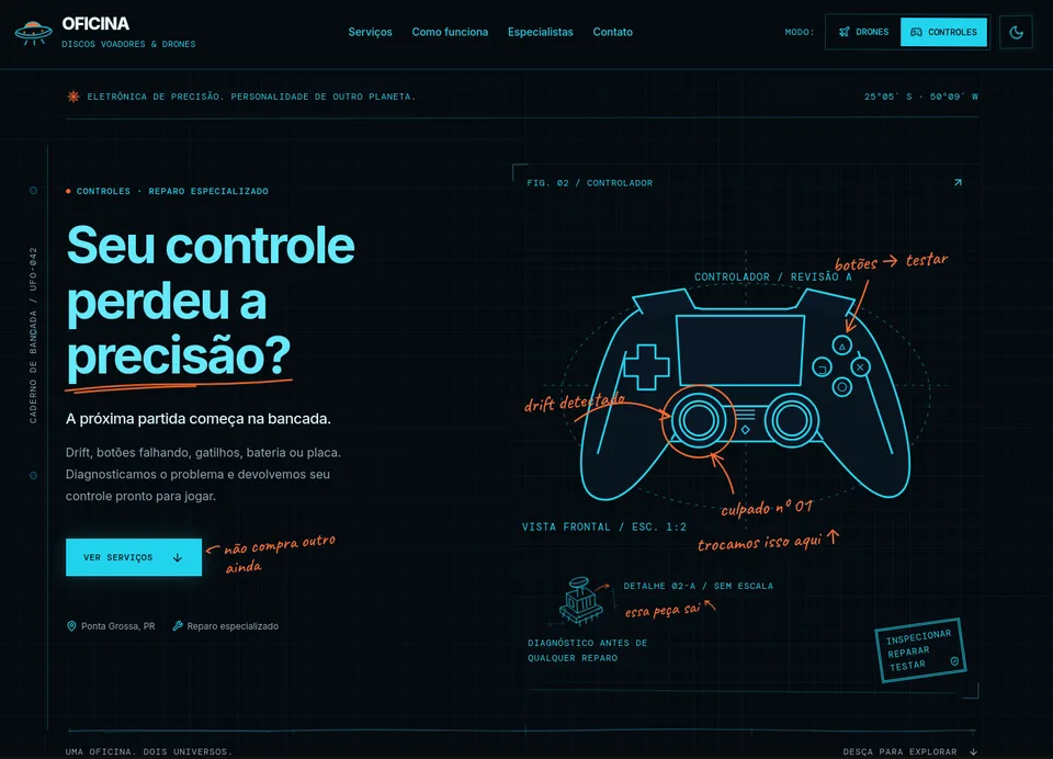 Site da Oficina de controles com interface escura e ilustração de um controle