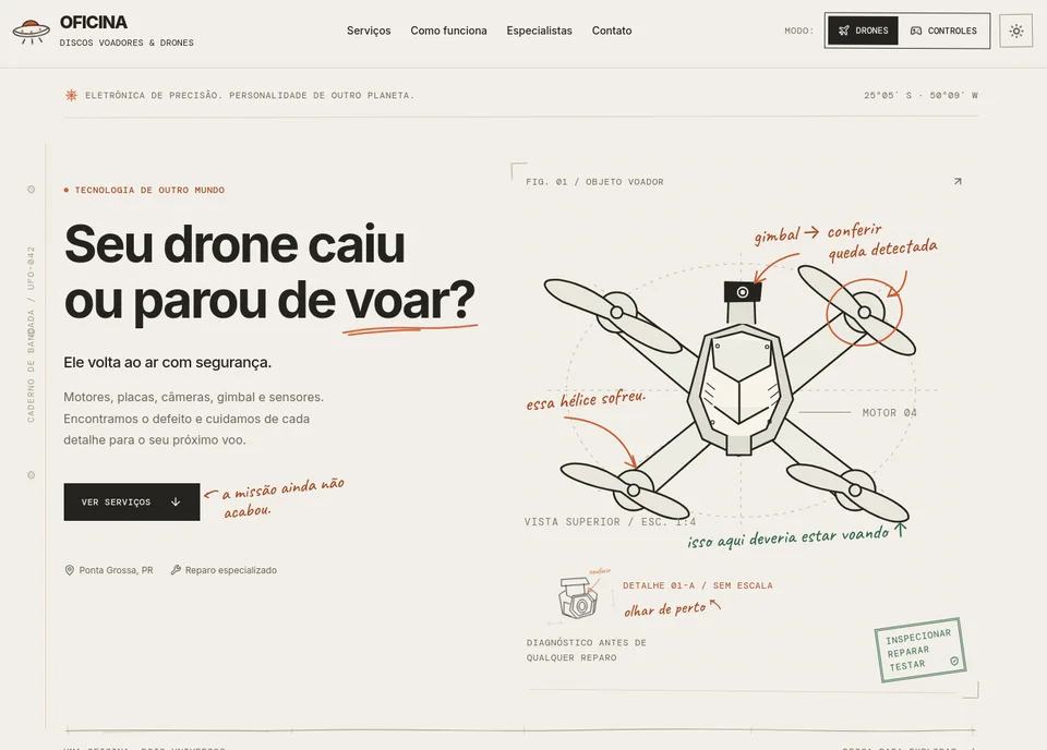 Site da Oficina de drones com ilustração técnica de um drone
