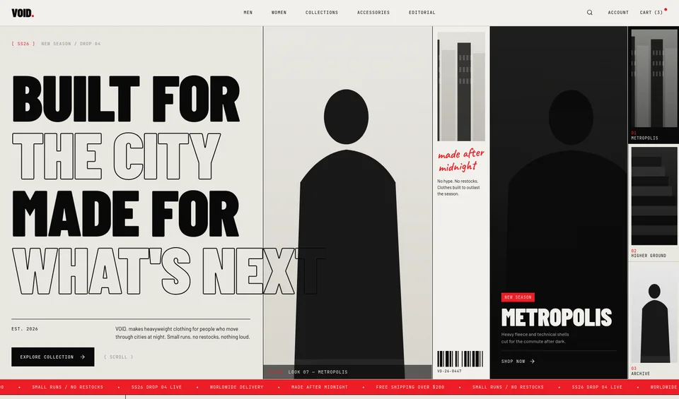 Site VOID de moda urbana com composição editorial em preto e branco